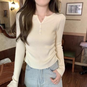 RM33827#韩版女装修身气质纯色抽褶设计感针织长袖打底女毛衣外穿