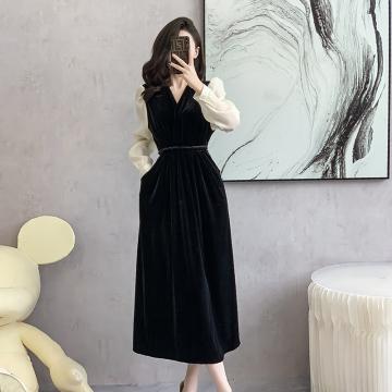 RM33836#金丝绒黑色连衣裙 新款法式复古泡泡袖系带收腰赫本风长裙