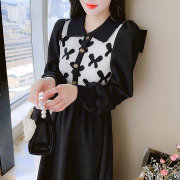 RM33839#小香风黑色针织连衣裙 新款秋冬季高级感气质假两件打底裙