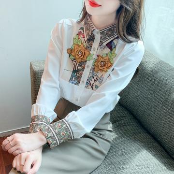 RM33923#新款韩版长袖重工花朵雪纺印花衬衣女