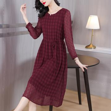 RM34068#女士连衣裙秋季新款抽绳收腰精致提花红色裙子气质高级长裙