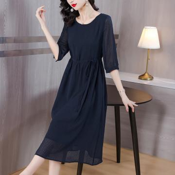RM34070#春夏深蓝色气质连衣裙女收腰裙气质名媛华夫格设计感小众裙子