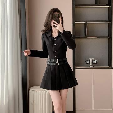 RM34076#新款黑色翻领双腰带高级感修身显瘦气质百褶连衣裙短裙