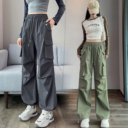 RY2658#秋冬工装裤女宽松直筒阔腿裤松紧腰束脚休闲秋美式运动裤