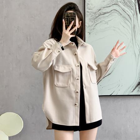 RM31700#欧美跨境秋冬翻领单排扣加厚纯色衬衫毛呢宽松外套女coat