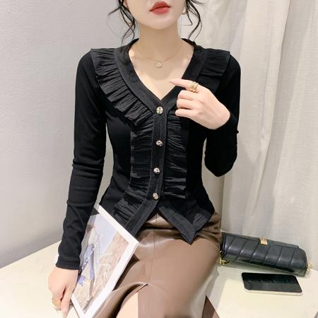 RM31706#新款韩版修身时尚百搭复古法式压褶花边上衣女长袖T
