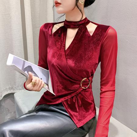 RM31710#新款重工艺小众设计师款露肩修身显瘦不规则时尚小衫