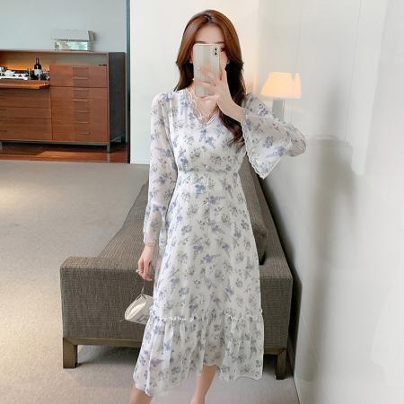 RM31715#白水女初恋碎花连衣裙女夏季薄款气质设计感显瘦喇叭袖桔梗