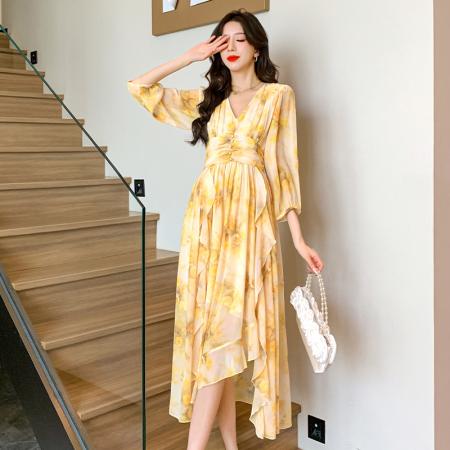 RM31730#高端时尚法式雪纺连衣裙女夏季 高级感惊艳收腰碎花长裙潮