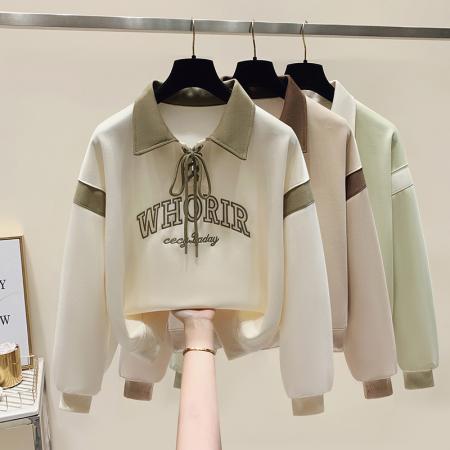 RM31755#新款韩版宽松POLO领字母刺绣长袖卫衣女休闲百搭外套上衣