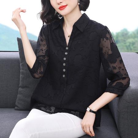 RM31758#七分袖雪纺衫女春秋季新款宽松遮肚中长款中袖衬衫