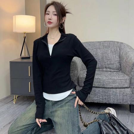 RM31762#吴童童 假两件小众设计内搭T恤女秋冬韩系修身显瘦紧身打底衫上衣