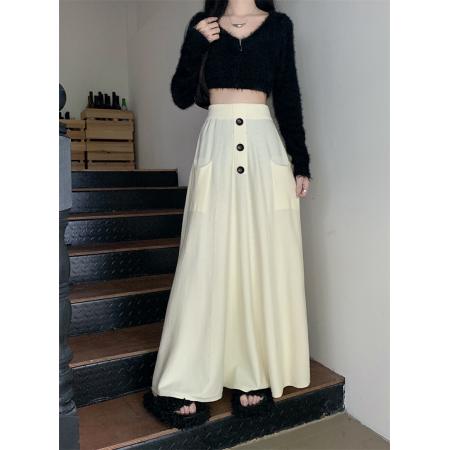 RM31780#排扣高腰针织半身裙女秋冬新款气质大摆A字毛线长裙