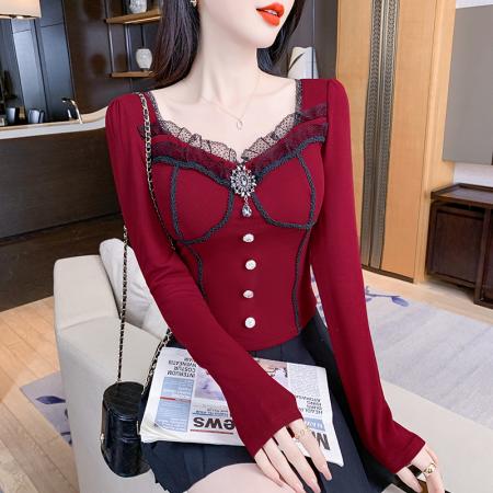 RM31785#T恤女纯欲辣妹方领蕾丝花边长袖秋冬新款修身显瘦绝美上衣