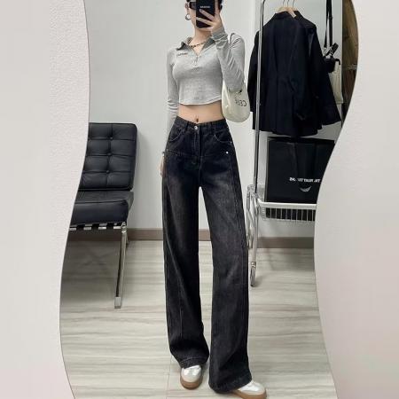 RM31790#大码女装 加绒美式黑色牛仔裤高腰宽松显瘦设计感直筒阔腿裤