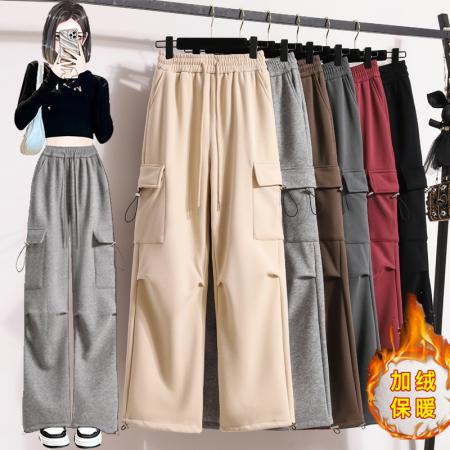 RM31797#美式工装裤女 加绒加厚显瘦高腰直筒抽绳束脚两穿运动裤