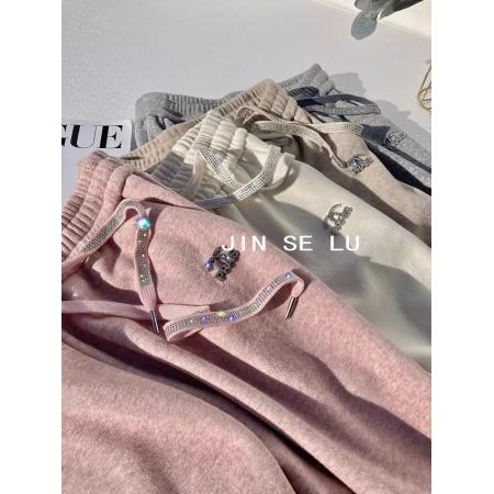 RM31800#高级感加厚加绒毛巾绒阔腿裤女冬季别致烫钻宽松慵懒风垂感休闲裤