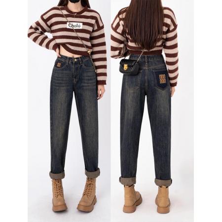 RM31812#哈伦牛仔裤子秋冬季女 新款宽松显瘦百搭设计感加绒加厚老爹裤