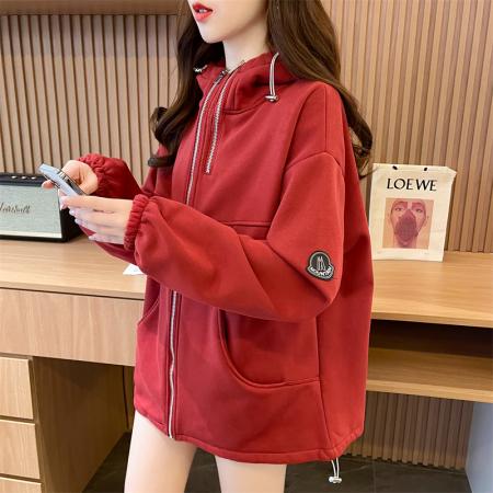 RM31820#华棉纯棉复合超柔 加绒加厚连帽卫衣女双拉链拼接抽绳外套潮