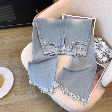 RM31821#微喇牛仔裤女 新款复古高腰显瘦小个子毛边喇叭裤子