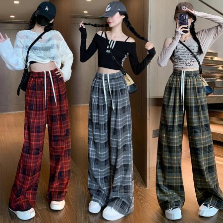 RM31833#高个子薄款休闲裤女格子阔腿裤长裤直筒拖地裤子