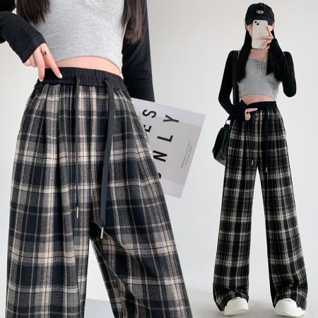 RM31836#撞色复古格子阔腿裤女百搭宽松显瘦休闲直筒裤垂感拖地裤