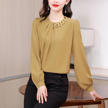 RM31838#高级简约设计感链条圆领长袖衬衫女 新款气质优雅醋酸上衣