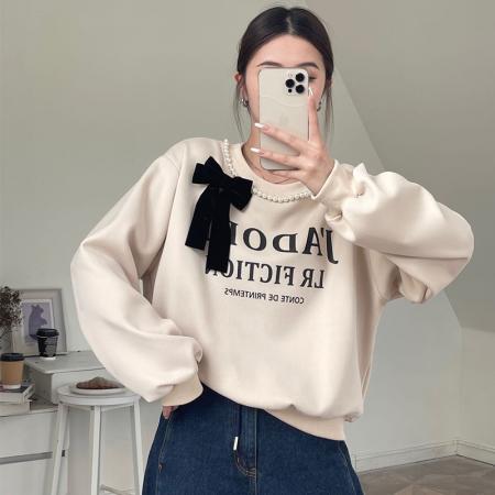 RM31845#十三行韩国女装秋季新款圆领珍珠蝴蝶结休闲长袖卫衣女