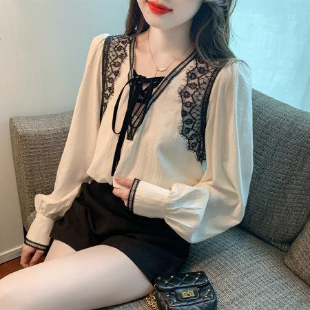 RM31846#蕾丝边衬衫女宽松长袖杏色v领绑带上衣纯色拼接系带衬衣
