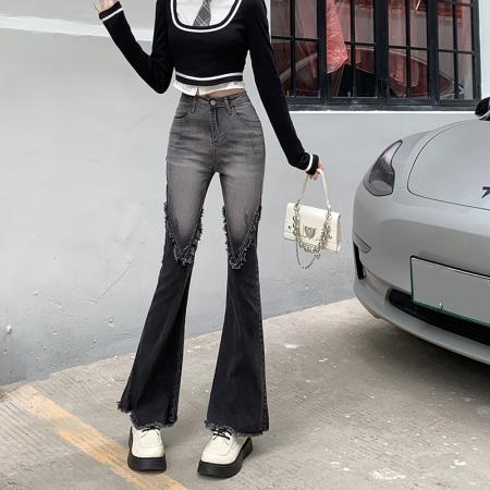 RM31853#欧美风辣妹复古高腰显瘦弹力直筒流苏拼接微喇牛仔裤女