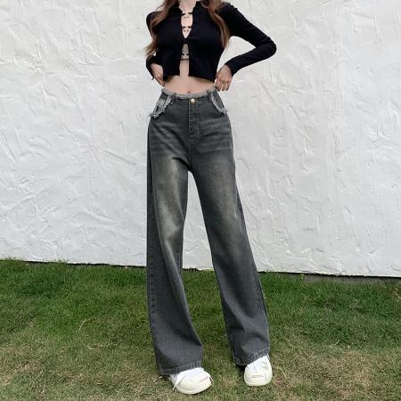 RM31855#新款美式复古高腰设计感毛边宽松显瘦牛仔阔腿裤女