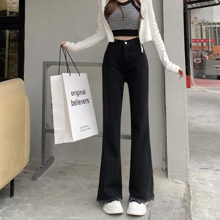 RM31856#新款辣妹高腰宽松显瘦设计感直筒毛边牛仔微喇裤女