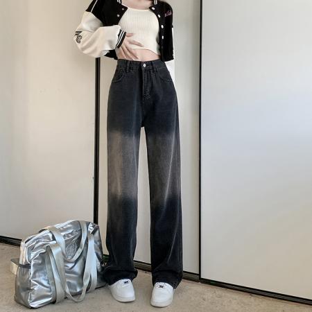 RM31858#新款s-4xl大码胖mm高腰美式洗水高腰渐变牛仔阔腿裤女