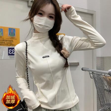 RM31867#德绒半高领黑色打底衫女秋冬新款内搭修身加绒t恤长袖上衣