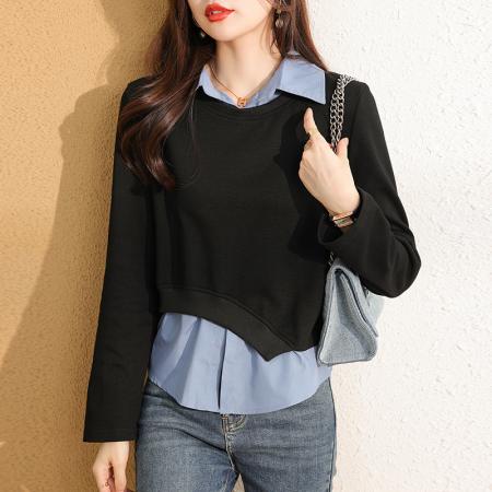 RM31872#新款Polo领假两件不对称卫衣女宽松设计感拼接上衣