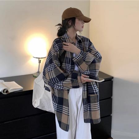 RM31882#磨毛格子衬衫女 新款秋冬中长款洋气复古宽松BF风加厚衬衣外套