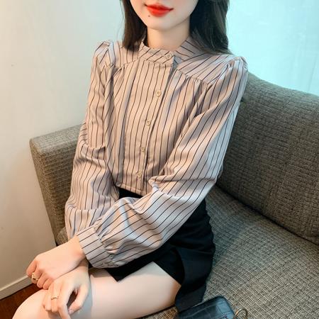 RM31886#新款时尚条纹长袖衬衫女韩系设计感洋气百搭泡泡袖上衣秋
