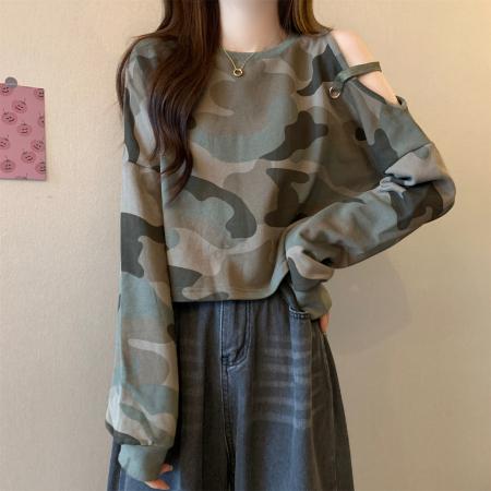 RM31904#胖MM韩版镂空露肩时尚迷彩减龄气质卫衣女新款