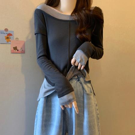 RM31905#胖MM拼接修身减龄时尚百搭上衣女