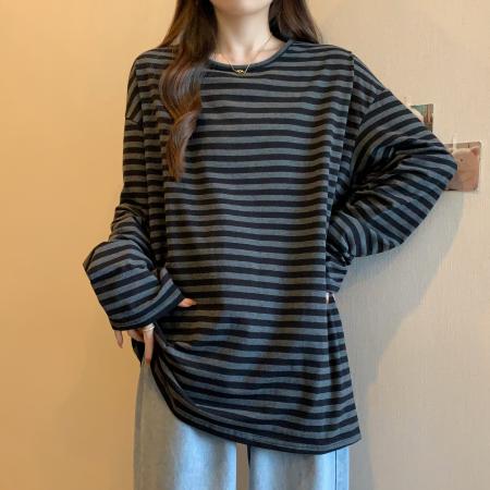 RM31909#胖MM大码黑灰经典条纹时尚宽松显瘦T恤潮女INS