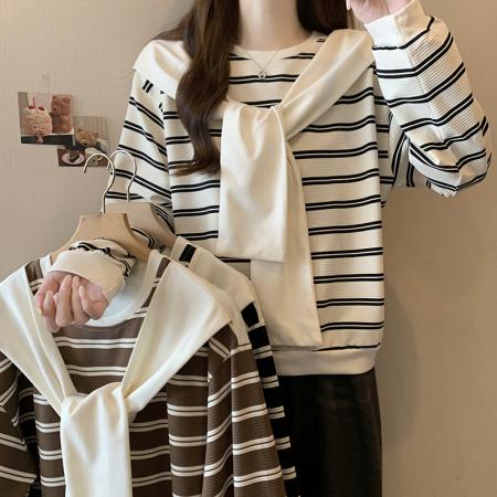 RM31940#新款胖mm辣妹百搭别致学院风设计感条纹假两件卫衣