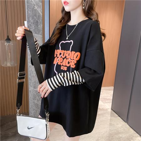 RM31949#鱼鳞假两件长袖t恤女宽松大码春秋季上衣打底衫潮