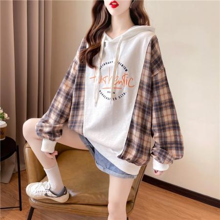 RM31951#鱼鳞格子卫衣女宽松春秋装大码薄款连帽外套上衣潮