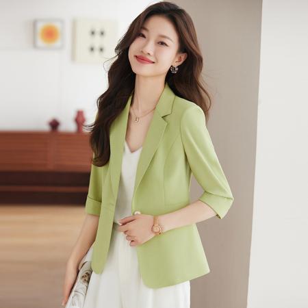 RM31984#绿色小西装外套女小个子 新款休闲时尚短款七分袖西服上衣