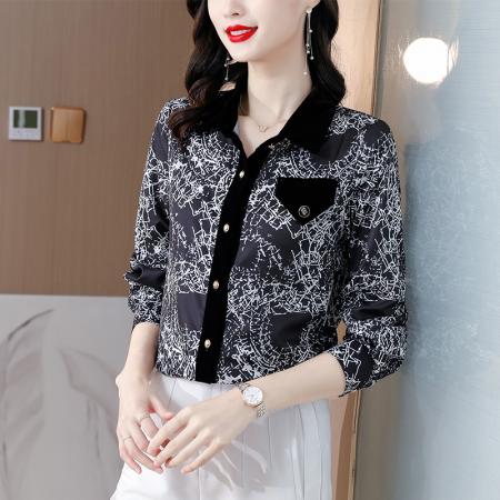 RM31988#女士印花衬衫 新款洋气丝绒领气质雪纺衫衬衣女
