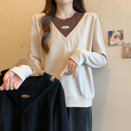RM31992#大码女胖MM春季假两件宽松简约拼色露肩T恤女