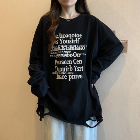 RM31993#大码胖MM春季字母印花破洞休闲韩版上衣女