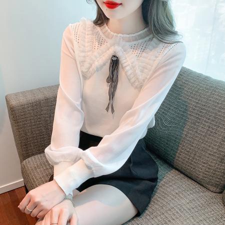 RM32020#新款时尚木耳边圆领针织衫女拼接雪纺长袖气质打底衫上衣