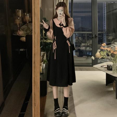 RM32036#大码早春新款撞色娃娃领收腰显瘦长袖宫廷风连衣裙