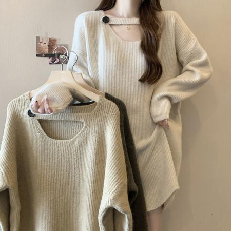 RM32040#加厚慵懒风中长款针织衫毛衣女大码百搭不规则针织裙